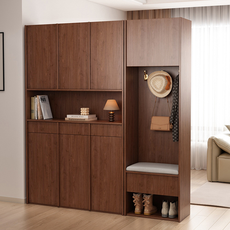 Solid Wood Mid-Century Style Shoe Cabinet and Stool Integrated Home 2025 New Entrance Storage Cabinet Partition Shoe Changing Stool Storage Cabinet