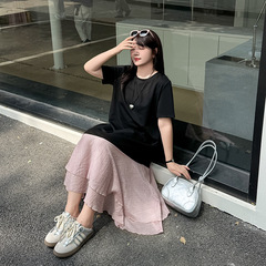 大きいサイズのワンピースの太ったmmの婦人服の2025年の夏の新型のつなぎ合わせの色の長いスカートのゆったりしている韓国系のスカート8852