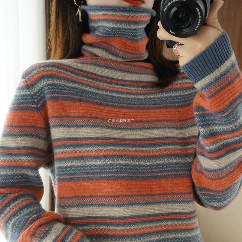 [Clearance Cashmere] Retro New Loose Striped Knit Sweater High Neck Layering Sweater Women's Top Base Layer