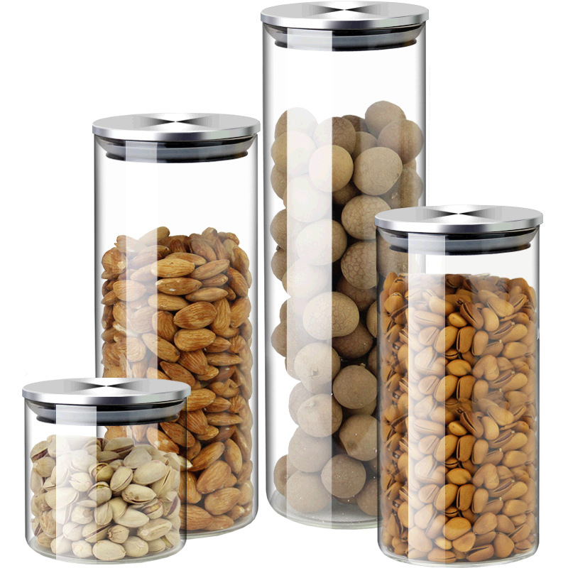 Botella de almacenamiento de tarro sellado de vidrio cubierta de acero inoxidable tarro de sal snack granos Té Miel condimento botella de condimento