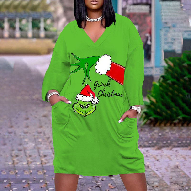 2022 cross-border new digital Christmas Green Geek printing European and American temperament skirt pullover V-neck long sleeve dress