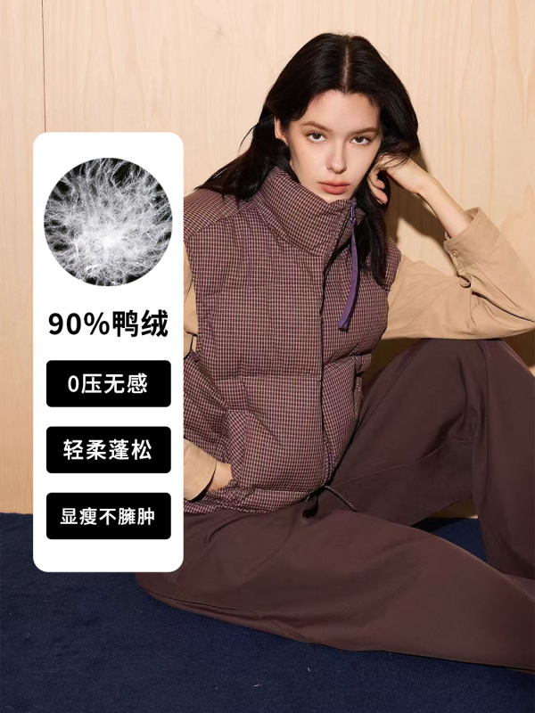平湖霜林2025年90白鸭绒美式复古双面外搭格子马甲冬季新款学院风|undefined