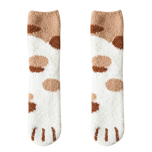 Coral velvet socks thickened mid-calf socks autumn and winter socks women's cat paw cute plus velvet warm sleeping floor socks sleep socks