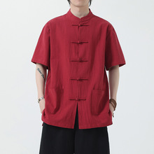 夏季中国风男装新中式棉麻衬衫男士宽松大码唐装复古盘扣短袖衬衣