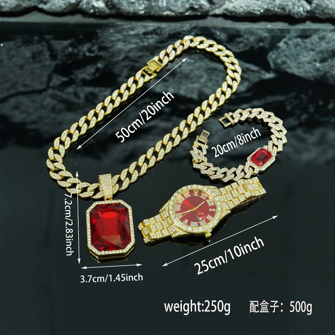 Ventas transfronterizas calientes colgante de aleación de esmeralda roja pulsera collar reloj 5 piezas conjunto de joyas de regalo de alto nivel para hombres