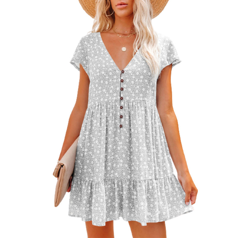 Floral Print V-Neck Short-Sleeved Dress NSLZ113895