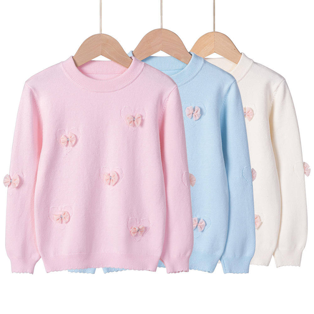 2024 nuevo estilo coreano de otoño y invierno cuello redondo amor arco niñas camisa de punto fondo suéter de niños pequeños al por mayor