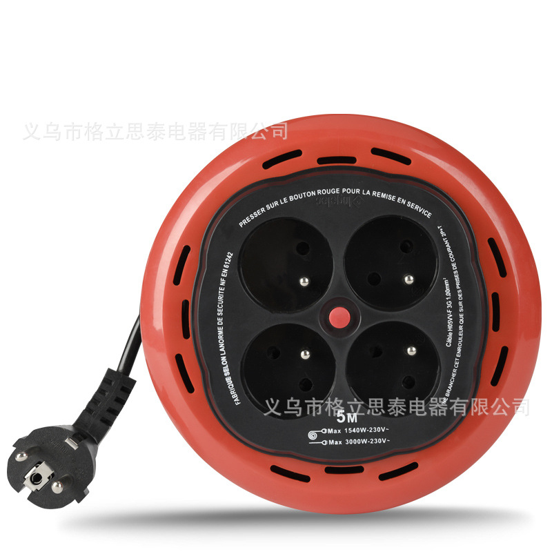 Gelistar跨境法国卷盘5米接线板延长线4位便携式法式线盘外贸插座