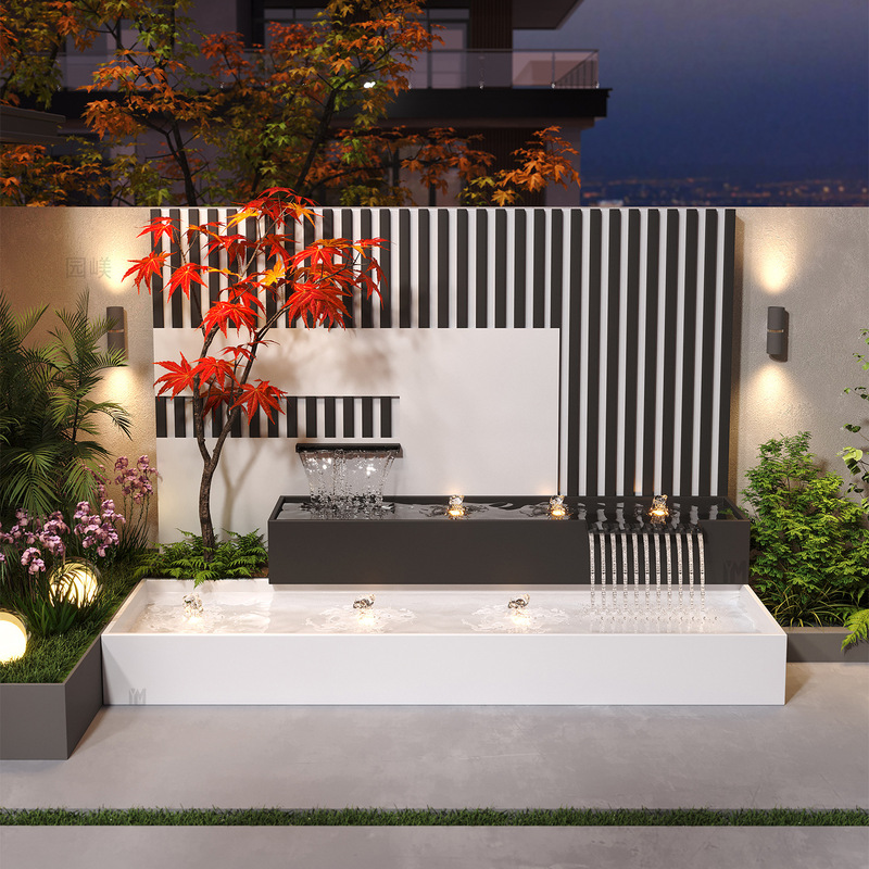 Stainless Steel Flowing Water Landscape Wall Combination Courtyard Garden Landscaping Outdoor Metal Flower Box Finished Fish Pond Layout Landscaping