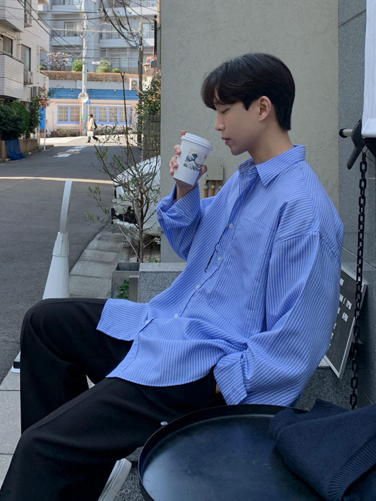 Myq日系ストライプシャツ男性長袖2023秋新作韓国版ゆるいデザインシャツ