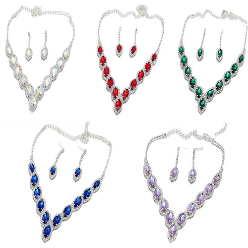Cross-border supply European and American best-selling bridal necklace and earrings set, versatile fashionable color crystal necklace two-piece set