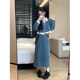 春装女2026年新款茶歇法式蓝色牛仔连衣裙小香风活泼减龄两件套装