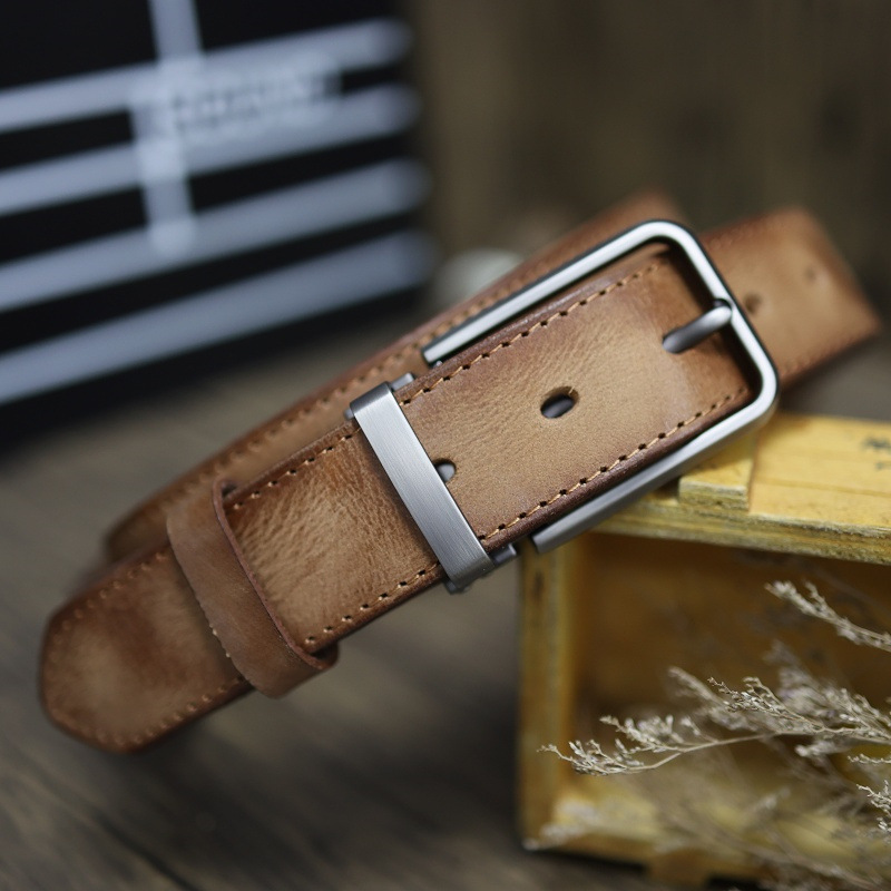 Handmade Top Layer Vintage Vegetable Tanned Pure Cowhide Pin Buckle Men's Workwear Pants Distressed Genuine Leather Belt_voghion.com