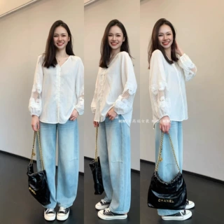 法式温柔风~天丝亚麻轻薄透气V领镂空上衣宽松蕾丝衬衫女26春夏