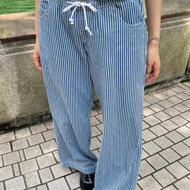 BM风 裤子美式蓝色条纹阔腿裤女bm宽松显瘦休闲裤梨形直筒长裤