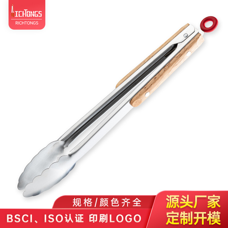 Customized mango de madera clip de alimentos de acero inoxidable clip de barbacoa filete pan ensalada clip de comida buffet herramientas de cocina
