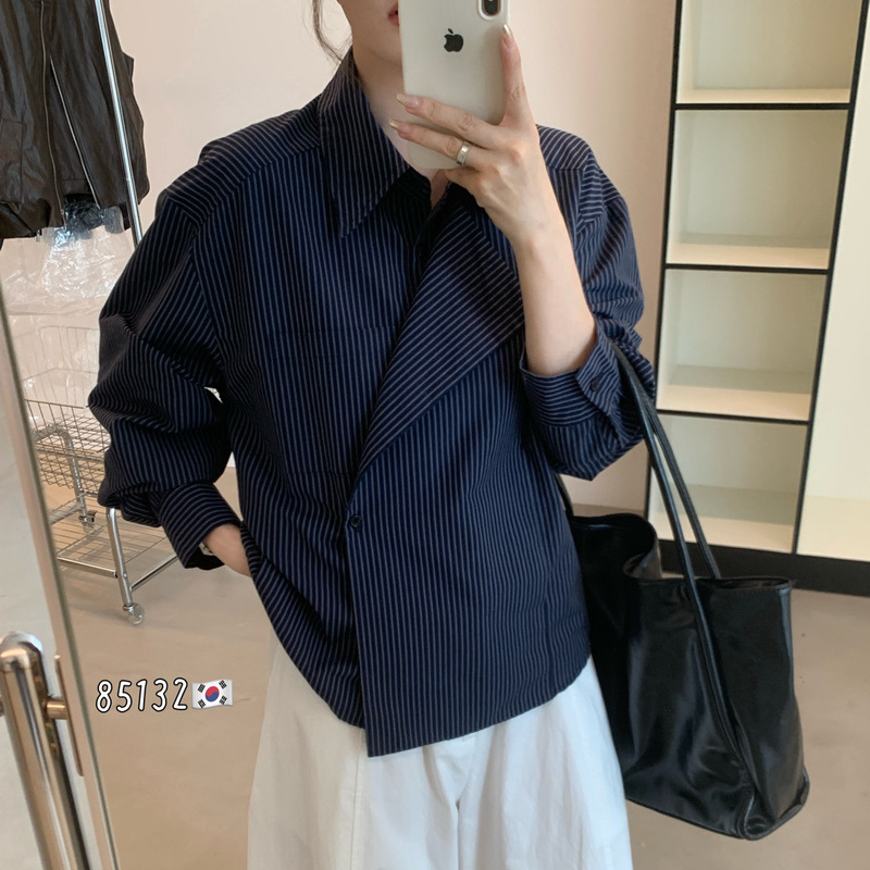 条纹长袖衬衫 2025秋季新款 气质设计感折叠门襟百搭上衣女85132|undefined
