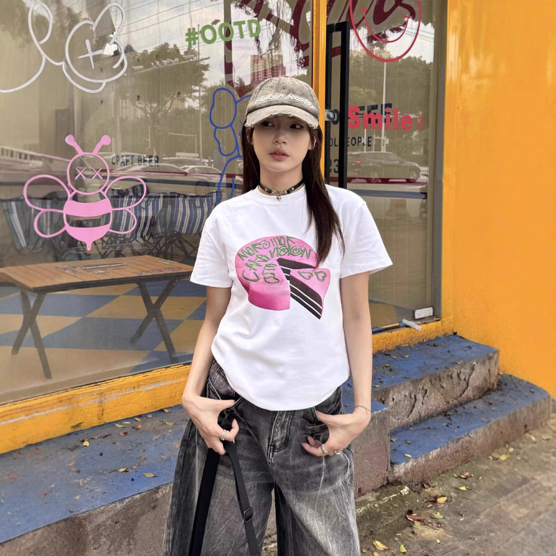 American Style Vintage Small Cake Printed Loose Short-sleeved T-shirt Women's Casual Niche Sweet Sports Half-sleeved Top Women's Trendy