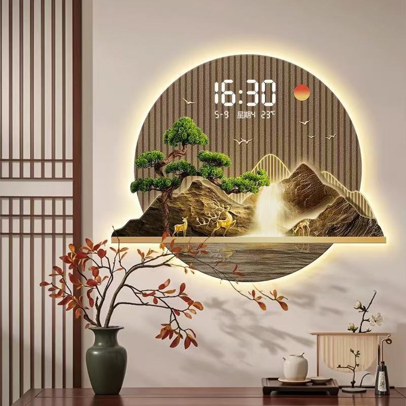 High-End Carved Digital Display Led Electronic Clock Mural with Light, Decorative Painting for Living Room Entrance, Welcoming Pine Hanging Painting