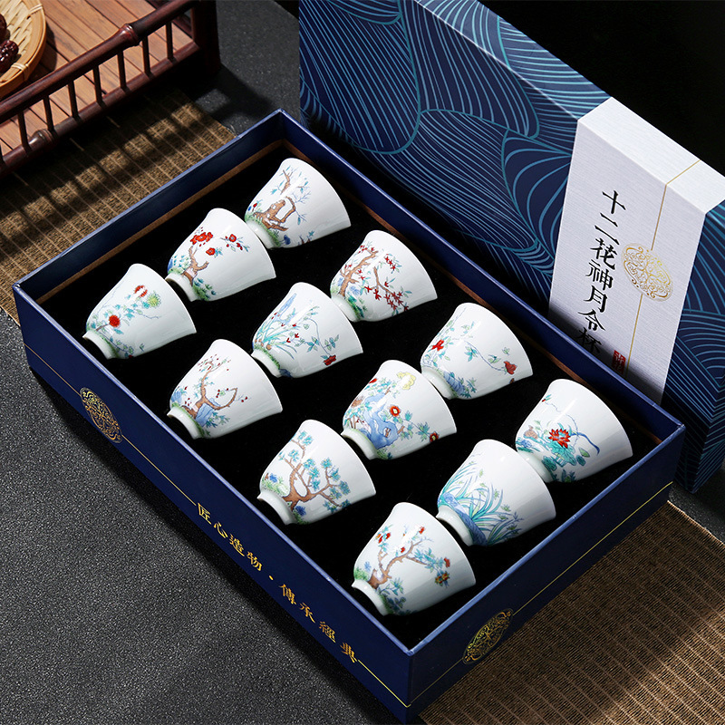 Ceramic Tea Tasting Cup Tea Cup Master Cup Twelve Flower Gods Moon Order Cup Blue and Blossom Flower Tea Cup Gift Box Ceramic Tea Tasting Cup Tea Cup Master Cup Twelve Flower Gods Moon Order Cup Blue and Blossom Flower Tea Cup Gift Box