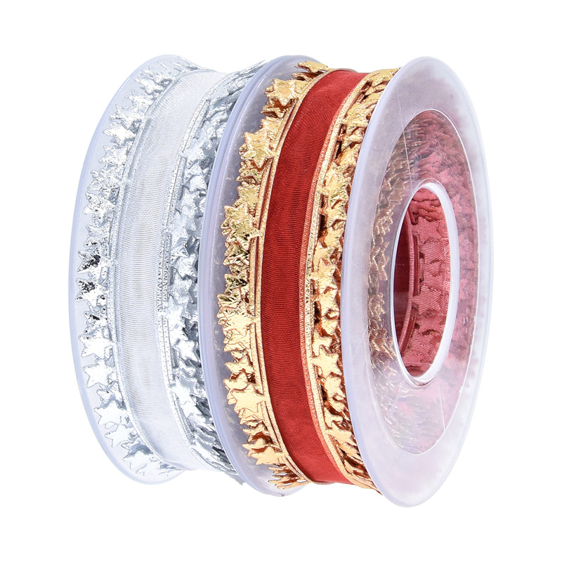 Nuevo transfronterizo imitación de cuero en relieve pentagramas cinta de nieve decoración de vacaciones embalaje de regalos cinta de navidad 15 metros