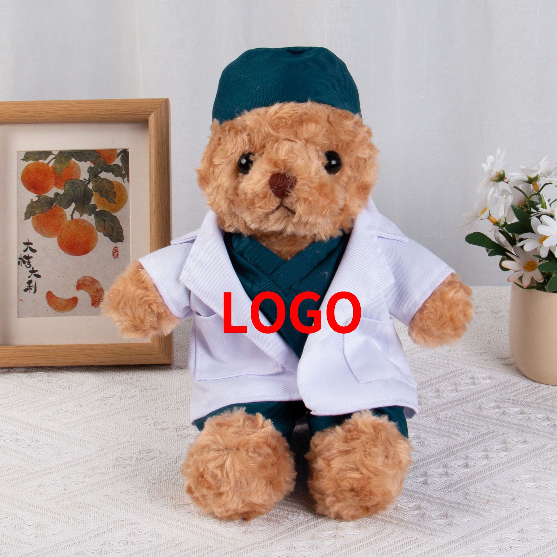Graduado médico oso muñeca chaqueta blanca uniformes de enfermería muñeca oso regalos de actividad logotipo imprimible juguetes de peluche