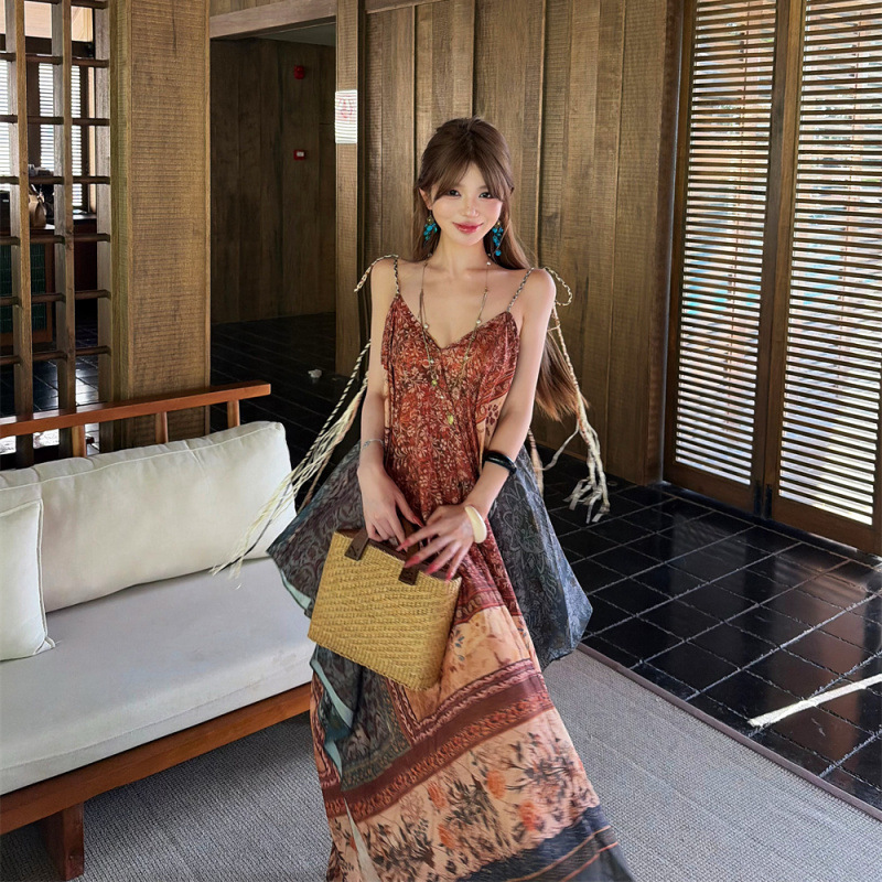 2026 High-End Design New Bohemian Style Halter Neck Dress for Women, Elegant Vacation Long Dress