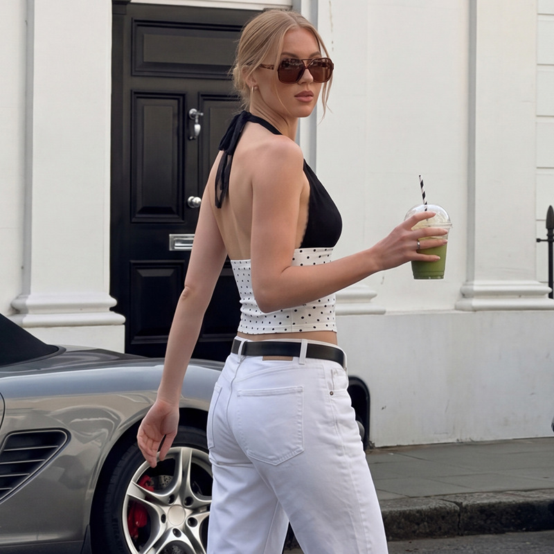 French Style Women's Color Blocked Halter Neck V Neck Vest Summer Fashionable Polka Dot Tie up Top Hot Girl_ecoleips.com