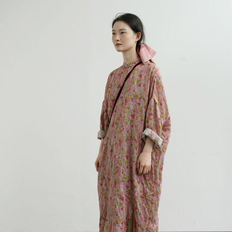 Original Chinese-Style Romantic Floral Cocoon-Shaped Ramie Long Cheongsam Retro Loose Transparent Long Gown Dress L25060