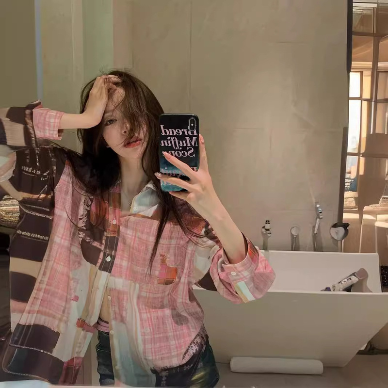 [inseparable from the good version] niche design mistake graffiti stitching check print shirt sunscreen summer