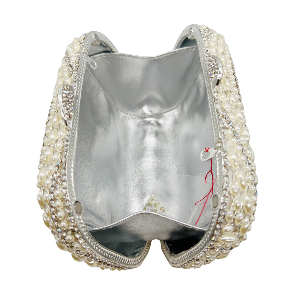 Túi clutch dạ tiệc đính kim cương rỗng lá phong cách mới — Màu trắng, Ngọc trai bạc, Bạc pha lê trắng, Màu sâm panh chi tiết 2