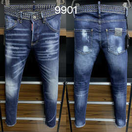 9901型2023D2男装牛仔长裤铆钉意大利风磨白小直脚跨境潮牛仔裤