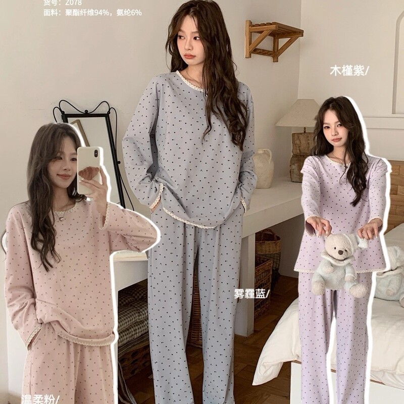 Z078 # Starry sky pajama set for autumn, sweet lace round-neck loose casual long-sleeve long-pants two-piece set for girls