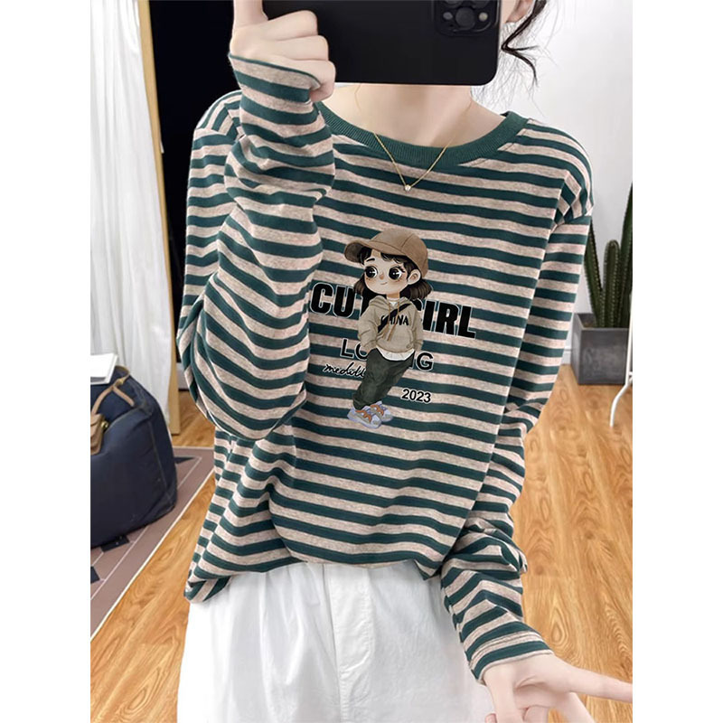 Striped Design Pure Cotton Long-Sleeved T-Shirt Women's Korean Style Fashionable Versatile Top Bottoming Shirt 2025 New Autumn and Winter