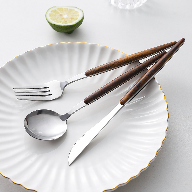 Acero inoxidable creativo grande tamaño pequeño cuchillo y tenedor hogar Hotel vajilla palillos chinos mango de madera occidental filete tenedor cuchara de postre
