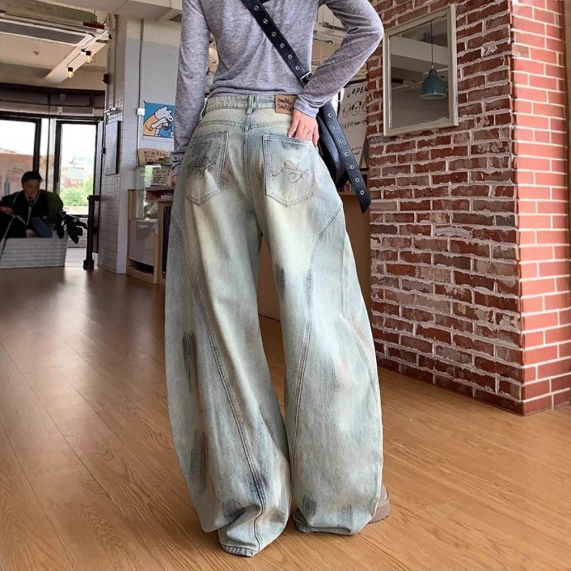 美式复古脏染弯刀裤牛仔裤女秋季设计感工装高腰宽松阔腿镰刀裤子|undefined