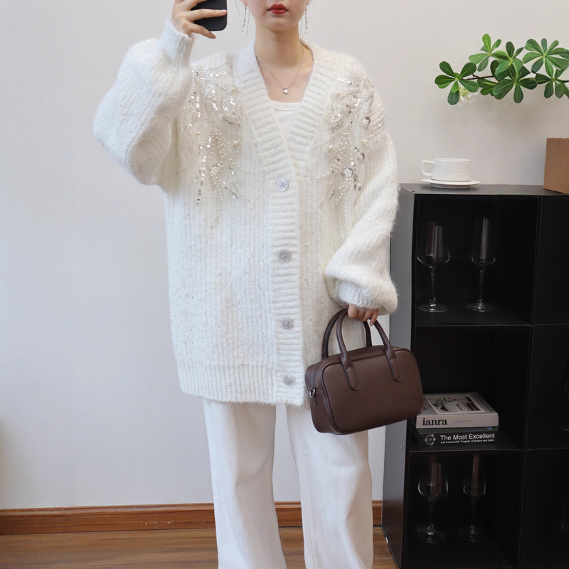 2026 Autumn and Winter New Style Mid-Length Knitted Cardigan Korean Style Loose Sequin Beaded Design Sweater Jacket for Women Trendy