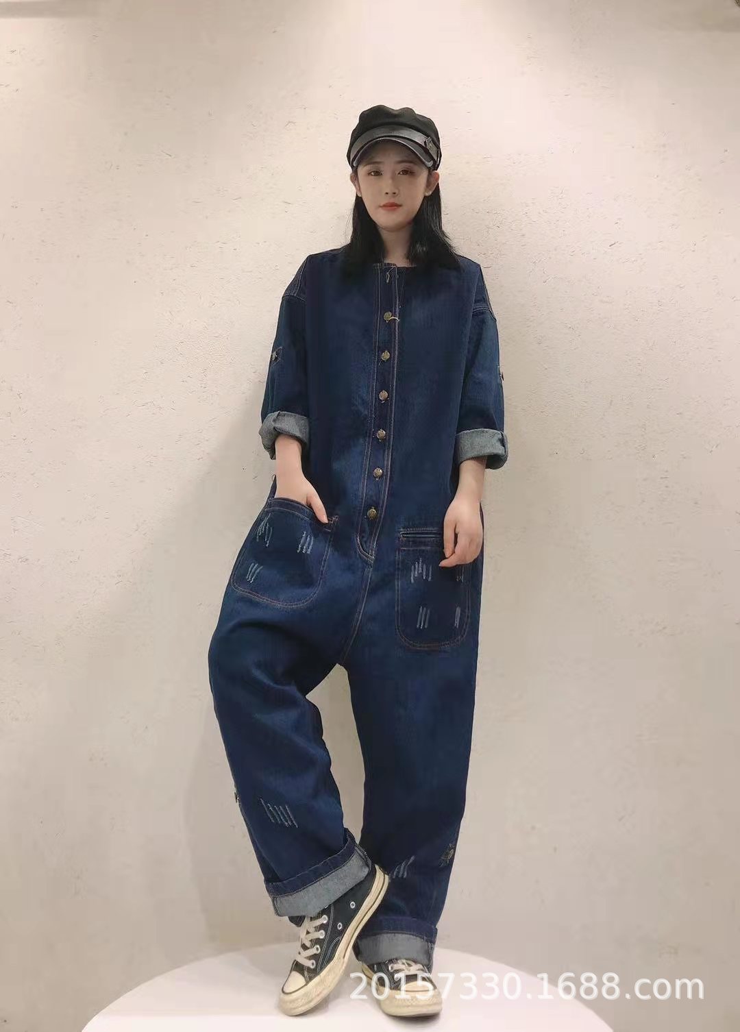 Amazon autumn women's high-waist jumpsuit women's long-sleeved loose Korean wash one-piece jeans overalls women