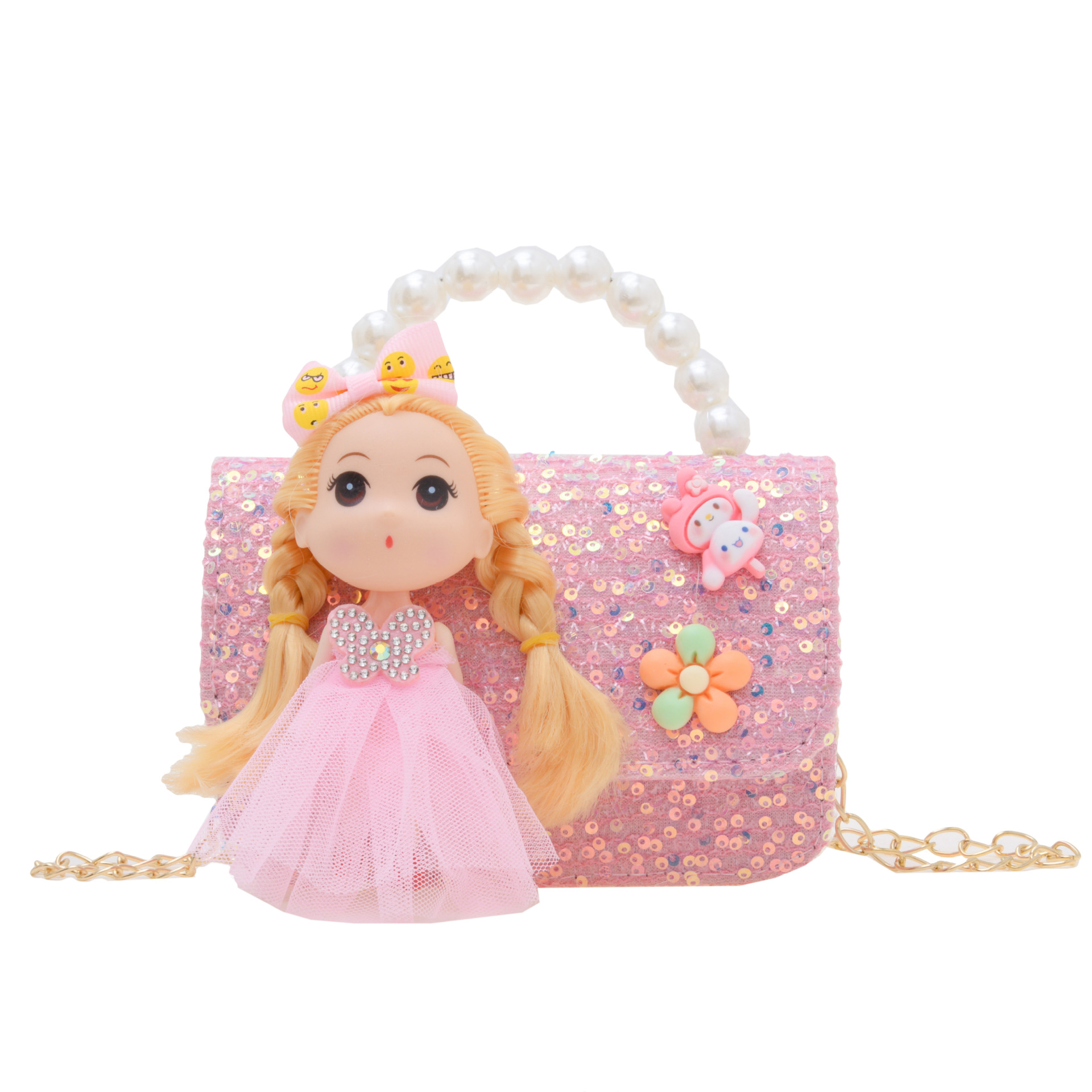 Nuevos niños estilo Chanel estilo bolsa moda perla bolso de hombro de dibujos animados muñeca bolsa de mensajero cadena