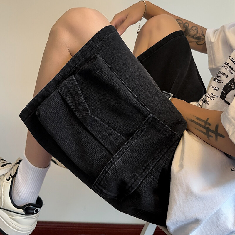 Washed Vintage Large Pocket Denim Shorts Men's Summer Style Cool High Street Loose Casual Knee-Length Shorts