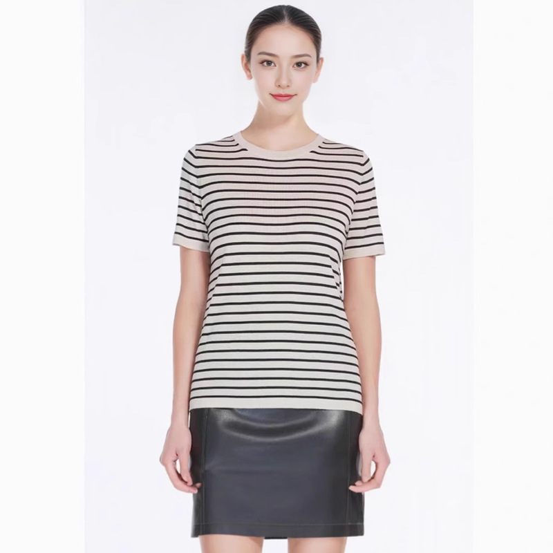 High-End Max Top Nanyou Classy Women's Knitted Short-Sleeved Spring and Summer Classy Wool Loose Stripesd T-Shirt
