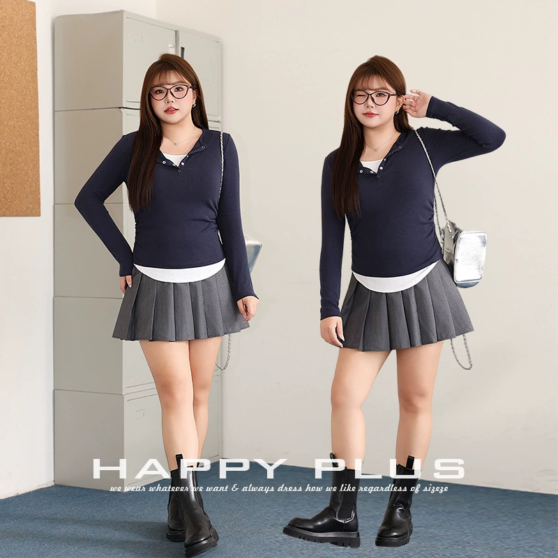 Академический набор поддельные две пуговицы ins дизайн с длинными рукавами топ Run его 9106 плюс размер свитерская юбка