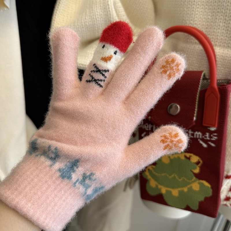 ins可爱雪人卡通手套女加绒保暖冬季五指可触屏分指骑车防风防寒|undefined