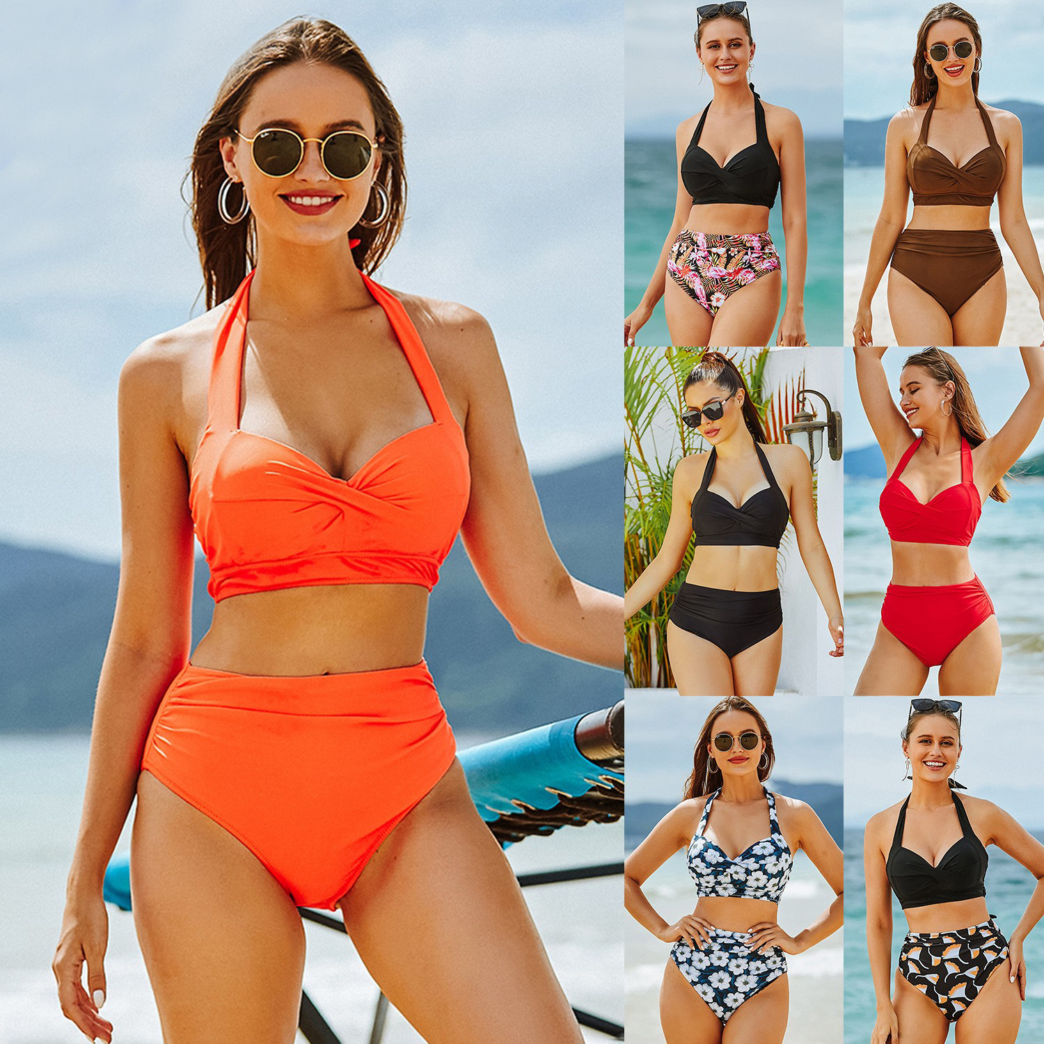 Traje de baño europeo y americano de dos piezas para mujer, de cintura alta, fruncido, con lazo en la cintura, estampado de lunares, bikini multicolor, alta elasticidad.