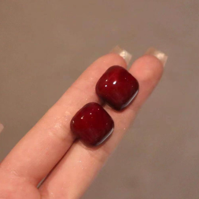 复古港风酒红色画油耳钉气质甜美高级感耳环简约时尚轻奢百搭耳饰|undefined