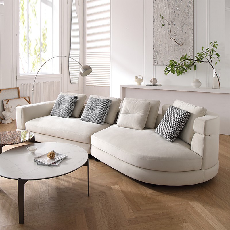 Sofá de tela de diseño sala de estar pequeño apartamento fila recta Luz de lujo moderno simple estilo crema esmerilado sofá de arco circular