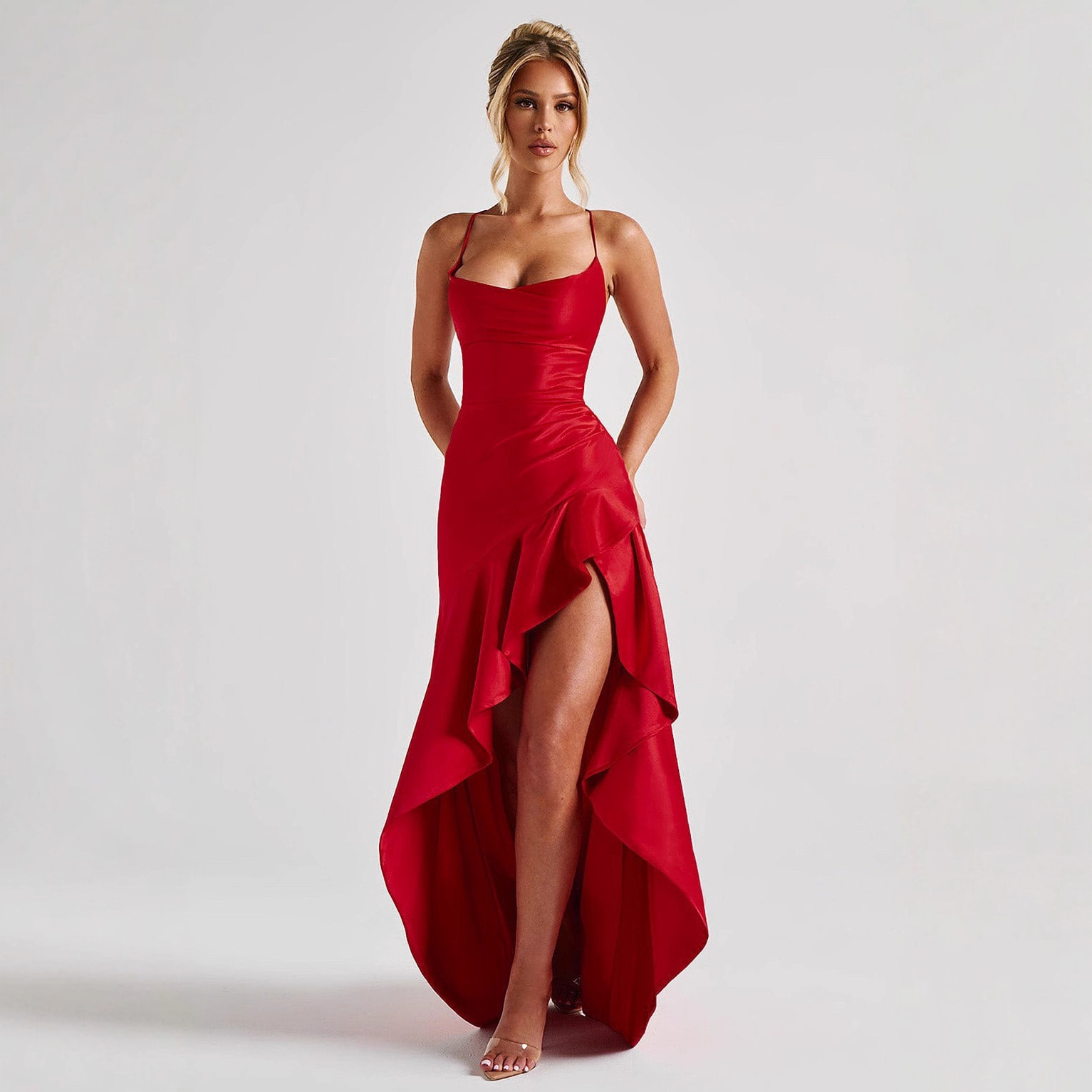 Women's Clothing Elegant Satin Slip Dress – Sexy Backless Spaghetti Strap Maxi Dress With Tie Detail (S-XL)_ecoleips.com