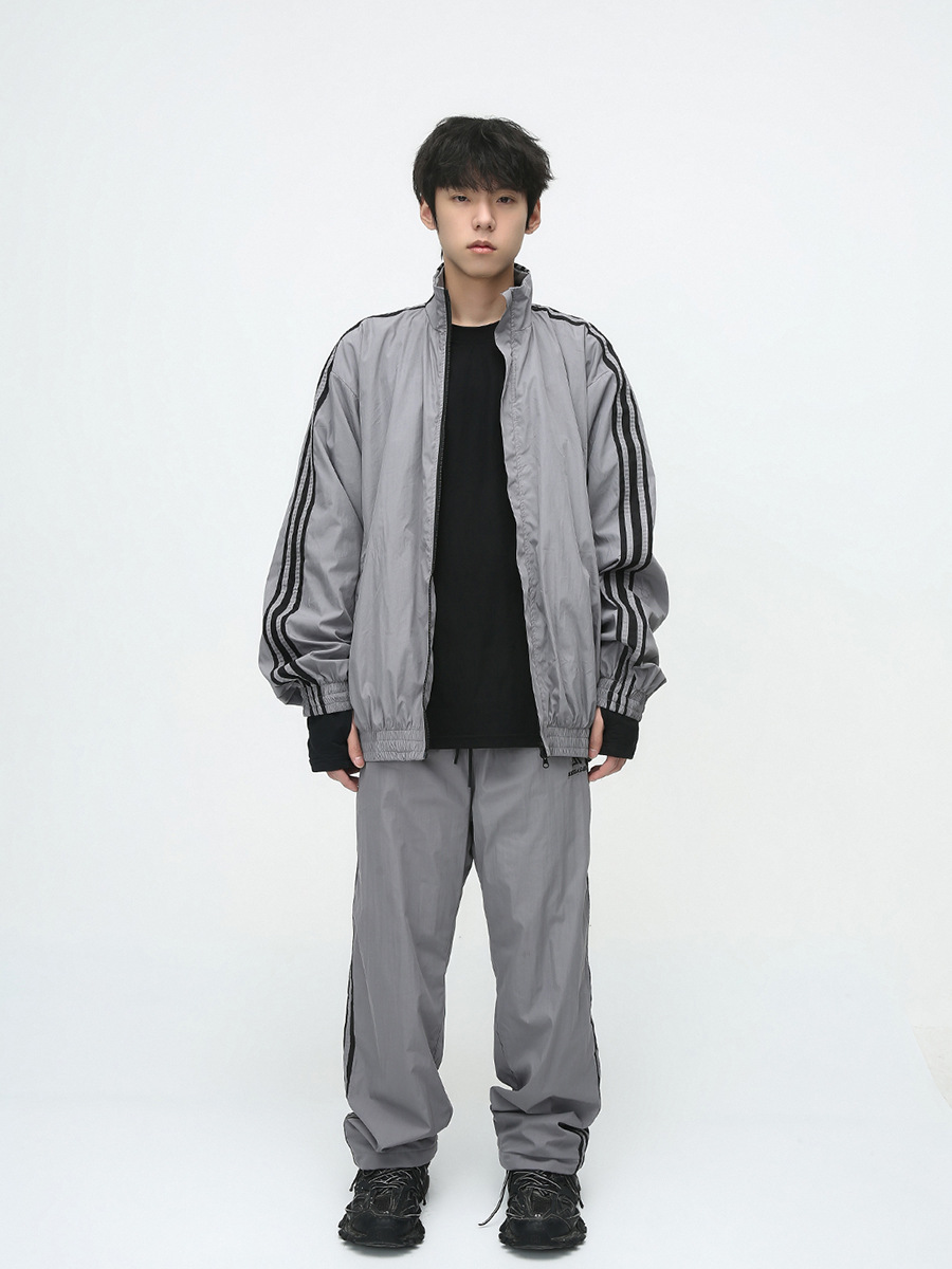 Mtlclothes ropa de los hombres | 2023 otoño americano cardigan rayas chaqueta traje casual suelta Pantalones deportivos moda