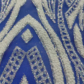 新款外贸洒撒金细粉白色珠欧美高贵婚纱礼服直线条网纱布面料厂家