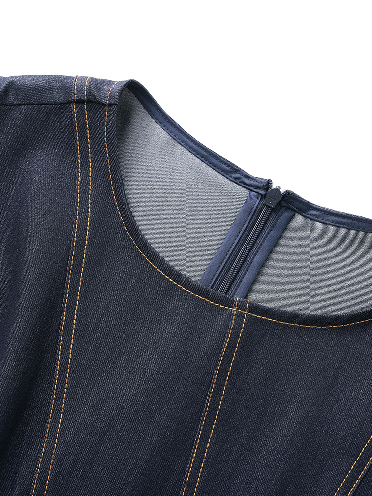 Đầm denim nữ tay ngắn thắt eo phong cách vintage chất liệu tencel cotton thoáng mát — màu xanh đậm